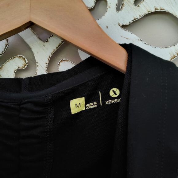 Xersion Women's Long Sleeve Hooded Ruched Tie Open Cardigan Cover Up in Black - Picture 6 of 6